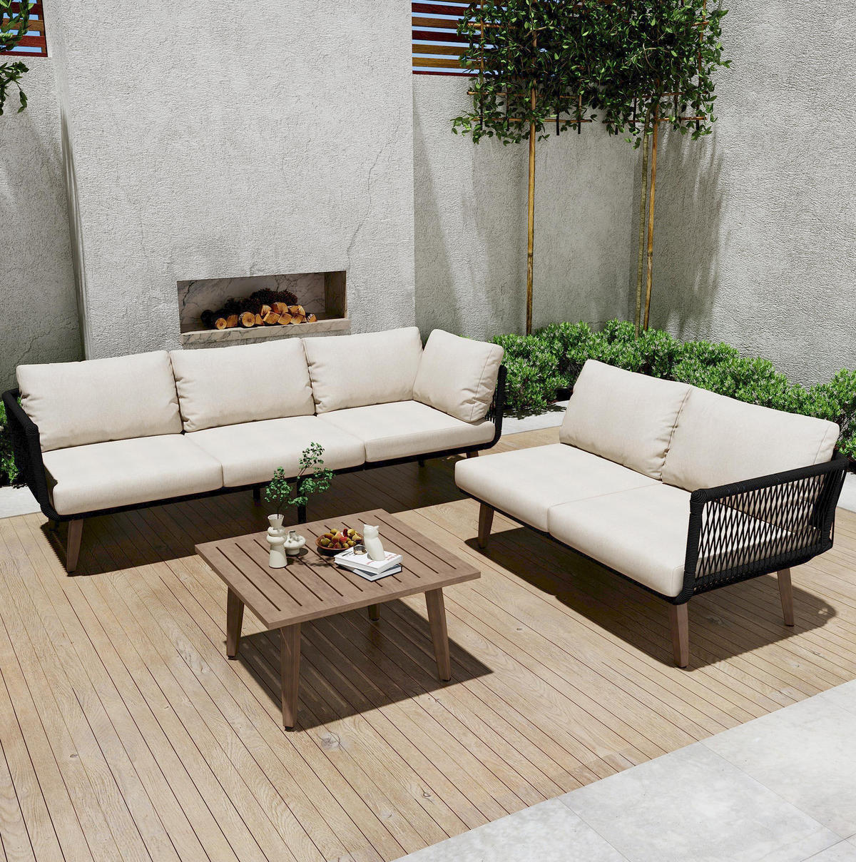 GARTENMÖBEL-SET mit Sofa und Couchtisch, Seilgeflecht und Tischplatte in Holzoptik, Beige/Schwarz - Beige, Metall - Redom