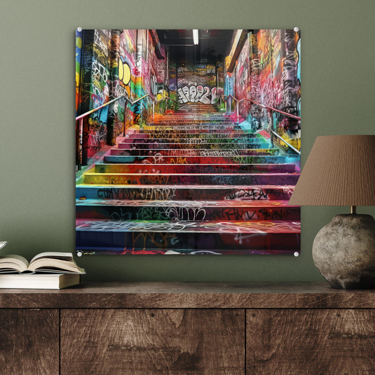 ACRYLGLASBILD Treppe - Graffiti - Farben - Kunst 50x50 cm - Multicolor, Glas (50/50cm) - MuchoWow