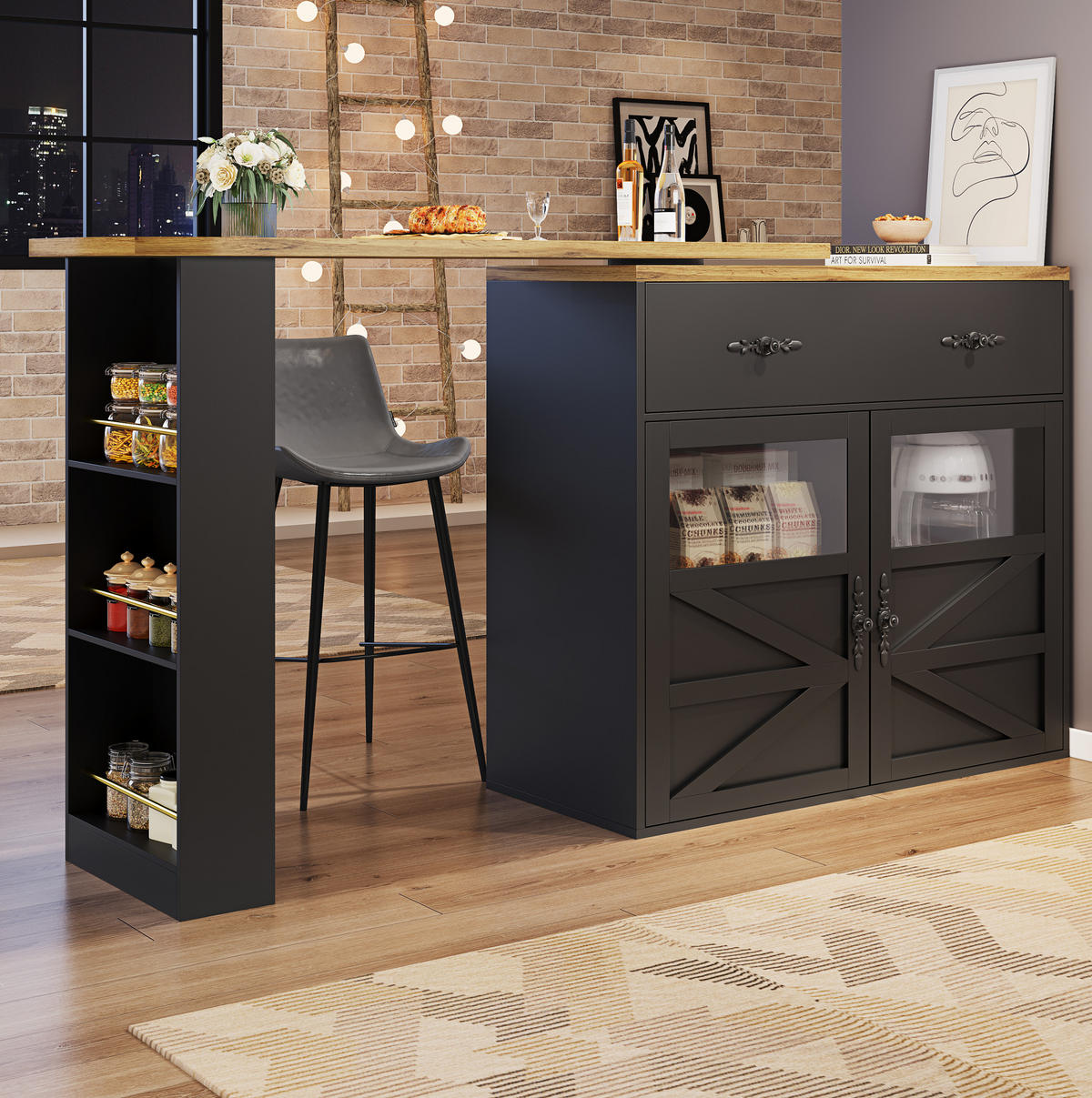 BARTISCH aus MDF, ausziehbar 138-204/39/104 cm mit 360° Drehfunktion & Stauraum, Schwarz - Schwarz, Holzwerkstoff (39/104/138cm) - Redom