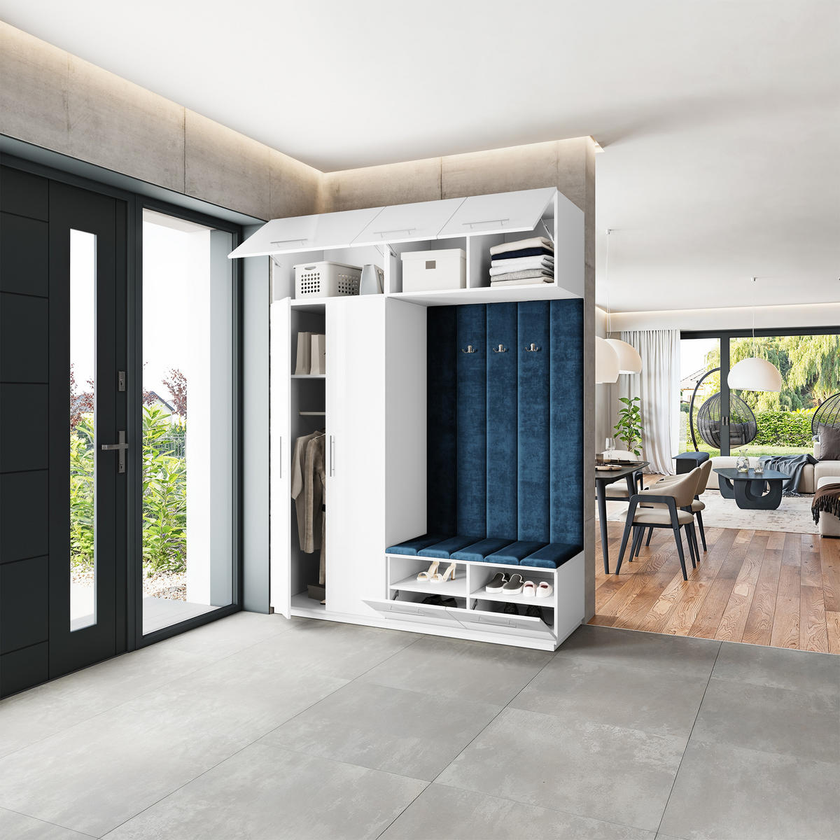 GARDEROBENSCHRANK REMA 180/240/60 cm Modern Garderobe-Set Weiß - Blau/Weiß, Holzwerkstoff (180/240/60cm) - MASSENO