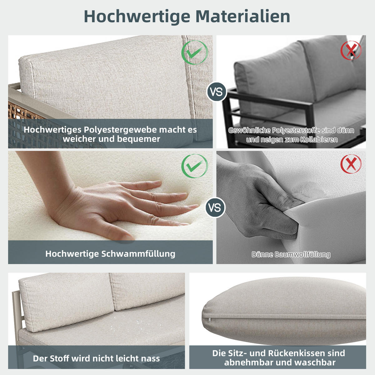 GARTEN-LOUNGE-SET aus Rattan & Metallgestell, inkl. Kissen, 120/61/69 cm, Beige - Beige, Metall - Redom