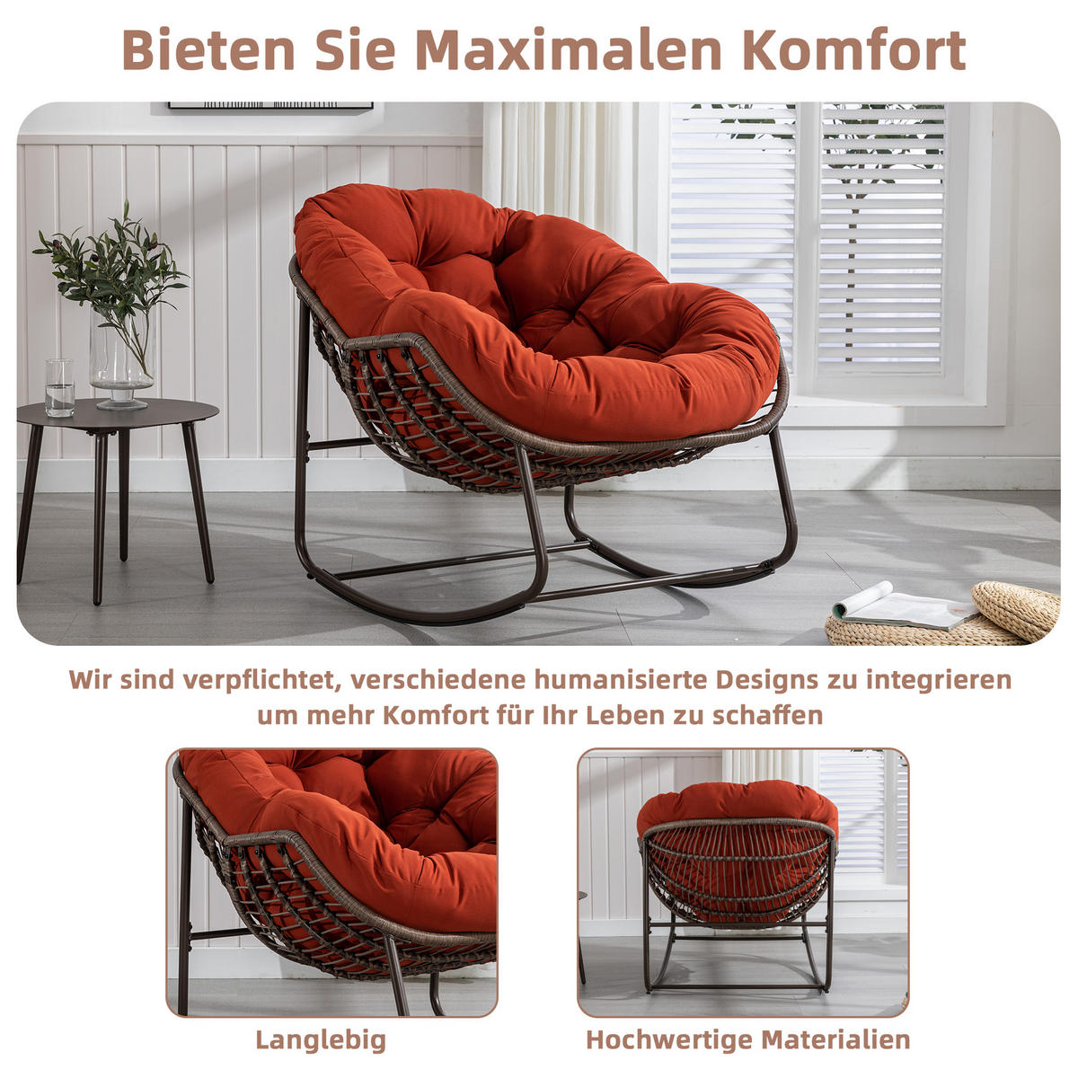 SCHAUKELSTUHL Schaukelsessel Garten,Rattanstuhl mit Stahlrahmen,Orange-Polyester - Orange, Metall (94.5/80/111cm) - LVHOM