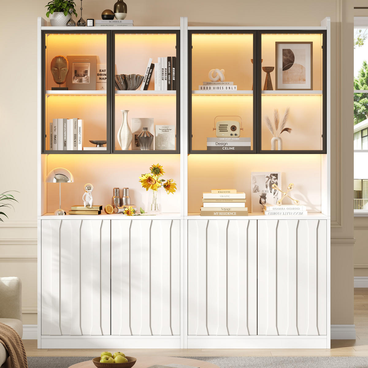 VITRINE 2er-Set 160x35x200 cm Weiß LED Glastüren - Weiß, Holzwerkstoff (160/200/35cm) - FLIEKS