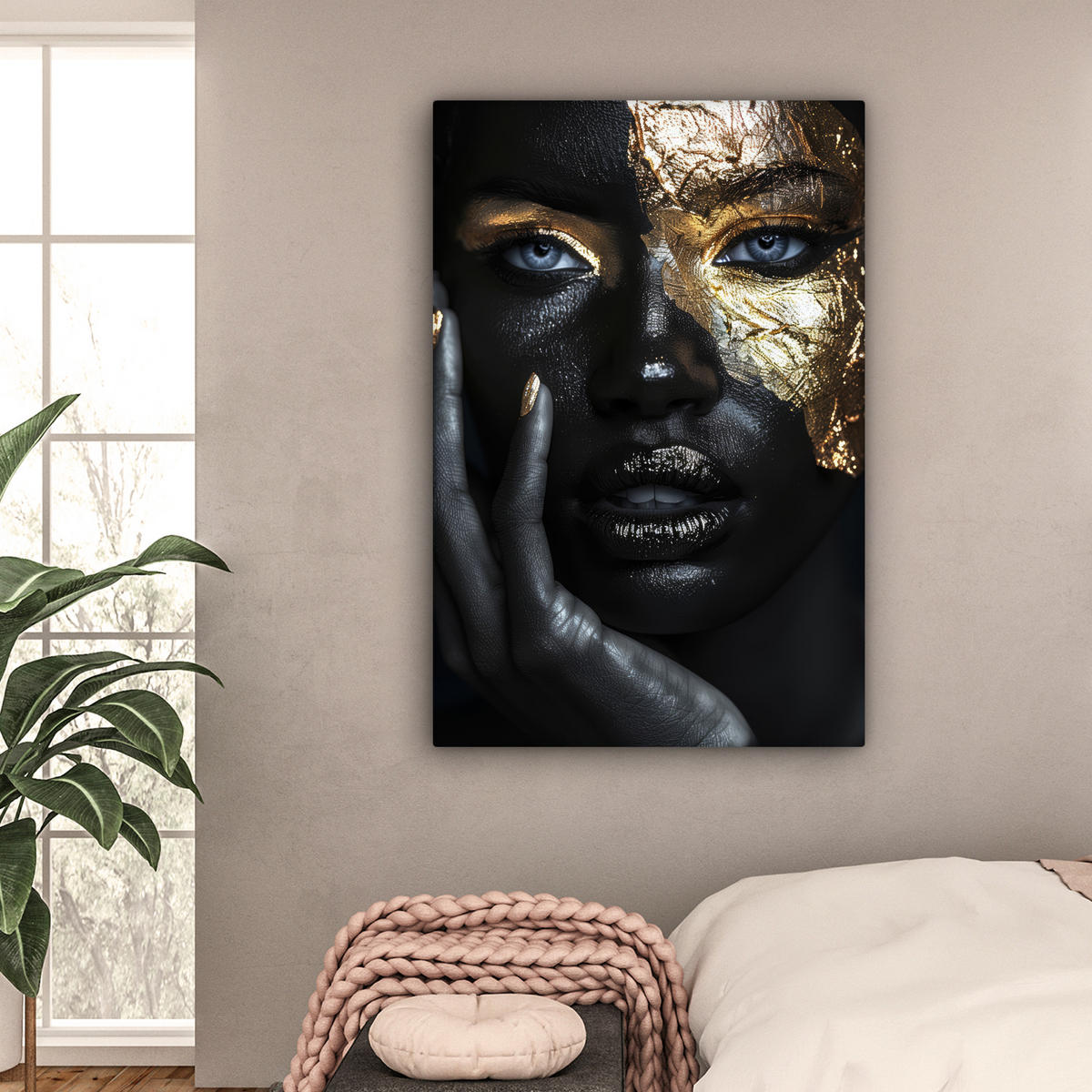 LEINWANDBILD Frau - Gold - Porträt - Schwarz-Weiß - Luxus Deko XXL 80x120 cm - Hellblau, Textil (80/120cm) - MuchoWow