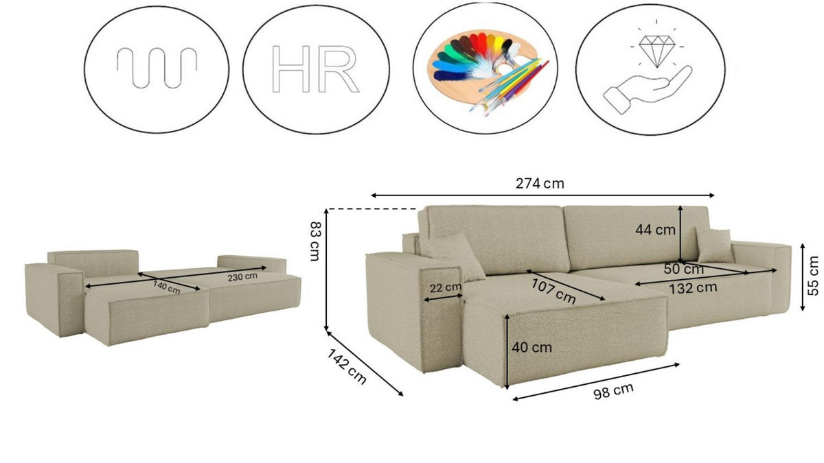 ECKSOFA Mit Schlaffunktion Und Bettkasten, Eckcouch BEST XL Stoff Quelle Beige Links - Beige/Schwarz, Holz/Kunststoff (142/274cm) - Kaiser Möbel