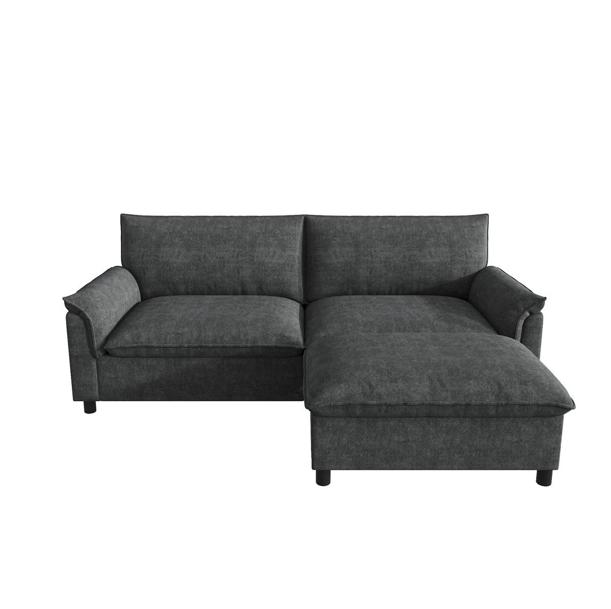 SOFA 216/77/82 cm Schwarz aus Chenille mit Fußhocker und Stauraum - Schwarz, Textil (77/82/216cm) - OKMYHOME