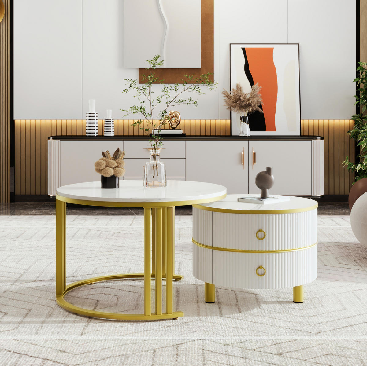 COUCHTISCH-SET aus MDF 70x70x46 und 50x50x40 cm Weiß mit 2 Schubladen - Weiß, Holzwerkstoff (70/70/46cm) - IVMEU