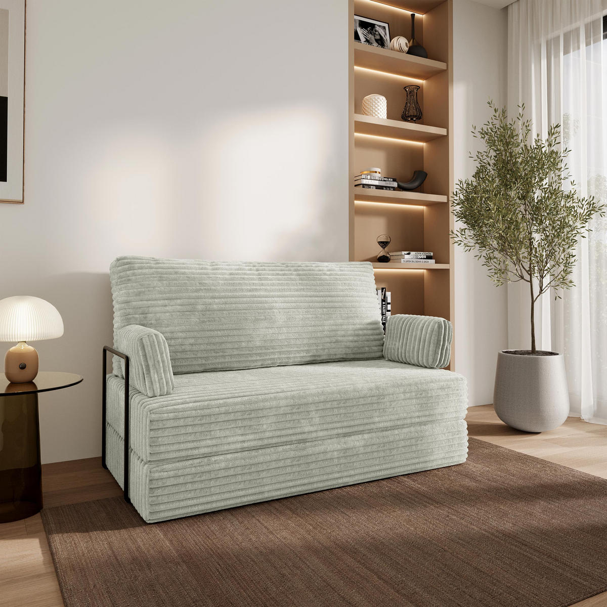 BETTSOFA LADIA aus Schaumstoff Cordstoff Hellgrau Schlaffunktion - Hellgrau, Textil (140/86/60cm) - MASSENO