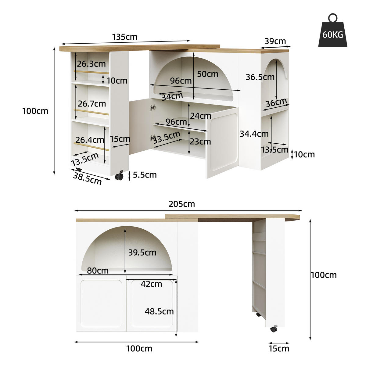 BAROVÝ PULT ROZKLÁDACÍ 135-205cm LED BÍLÝ - bílá, kompozitní dřevo (39/135/100cm) - FLIEKS