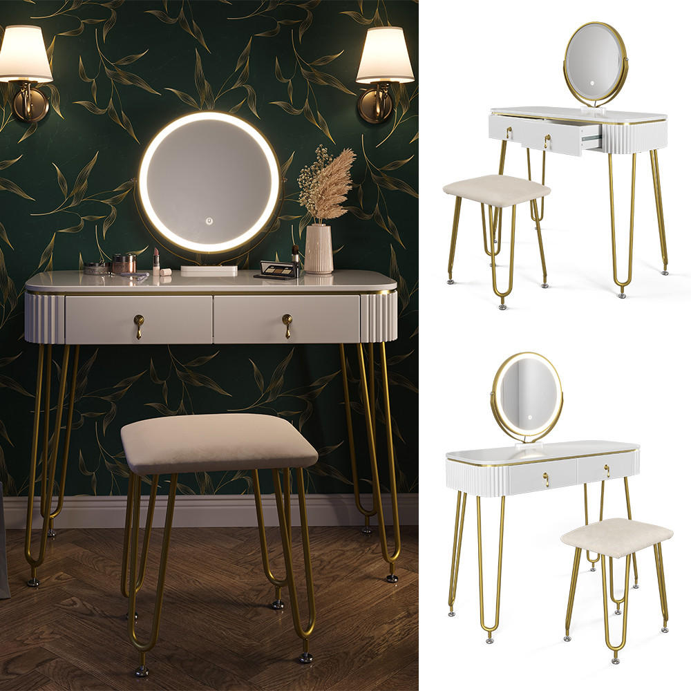 SCHMINKTISCH Grace Weiß 100 cm mit LED Beleuchtung und Hocker - Weiß Hochglanz, Holzwerkstoff (100/126/40cm) - Vicco