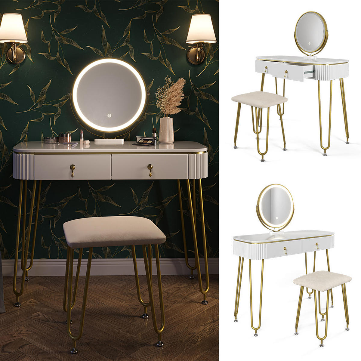 SCHMINKTISCH Grace Weiß 100 cm mit LED Beleuchtung und Hocker - Weiß Hochglanz, Holzwerkstoff (100/126/40cm) - Vicco
