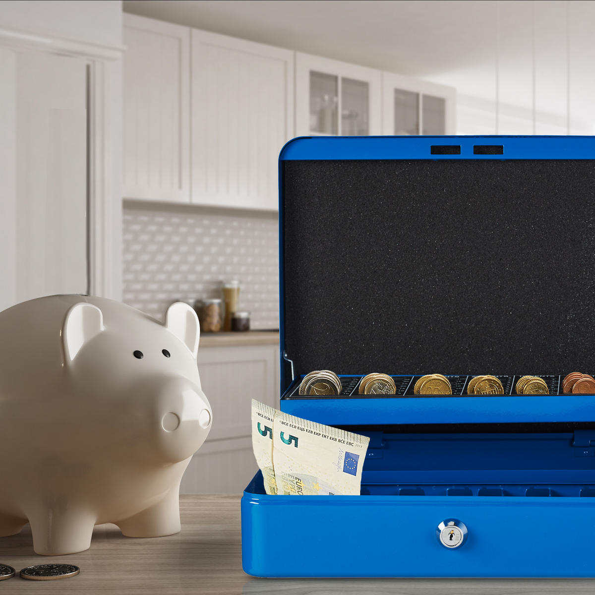 POKLADNA na mince Euro - modrá, kov/plast (30.5/8.5/24.5cm) - Relaxdays