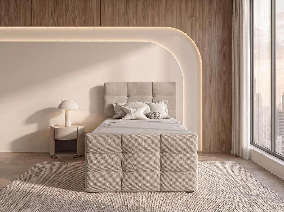 BOXBETT DEFNE 100x200 cm mit Fußteil und Matratze - Creme + TOPPER - Creme/Schwarz, Holz/Holzwerkstoff (100/200cm) - AX Living