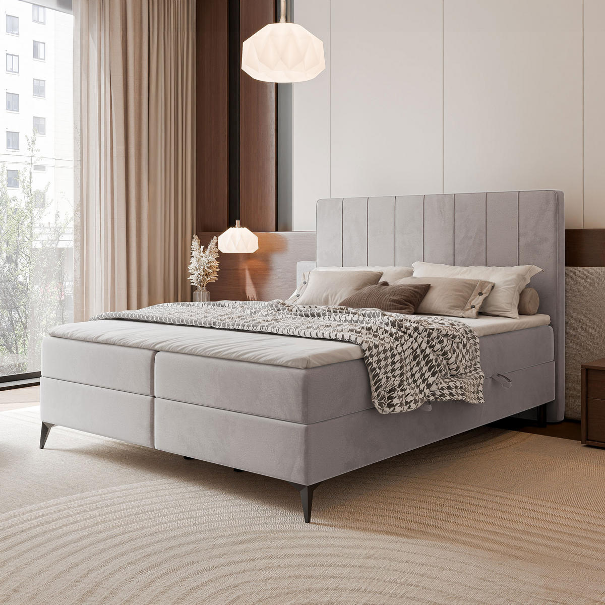 BOXBETT VERA 120x200 cm mit Matratze und Topper, Weicher wasserabweisender Samt Grau - Grau, Textil (120/200cm) - Idohome