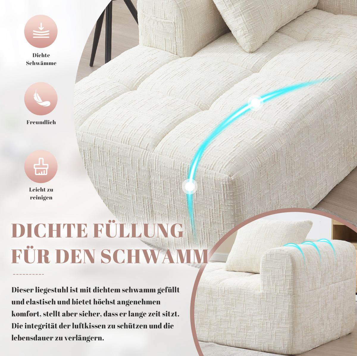 CHAISELONGUE Sofa Chenille mit Kissen und Seitentaschen 158/90/60 cm Beige - Beige, Textil (60/158/90cm) - Redom