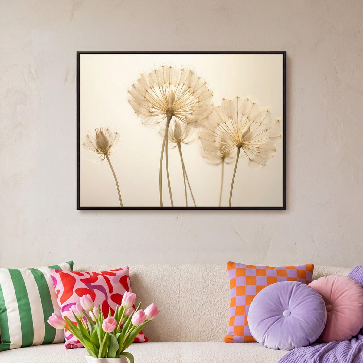 LEINWAND Bilder mit Rahmen - Sonnenlicht - Löwenzahn - Botanisch - Blumen - 80x60 - Creme, Textil (80/60cm) - MuchoWow