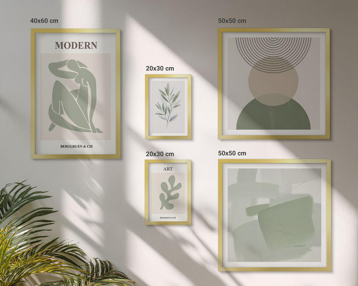 BILDER SET 5er Set - 50x50 cm & 20x30 cm & 40x60 cm Goldrahmen - Stilvolle abstrakte Pflanzengrafiken - Goldfarben, Kunststoff (40/60cm) - TULUP