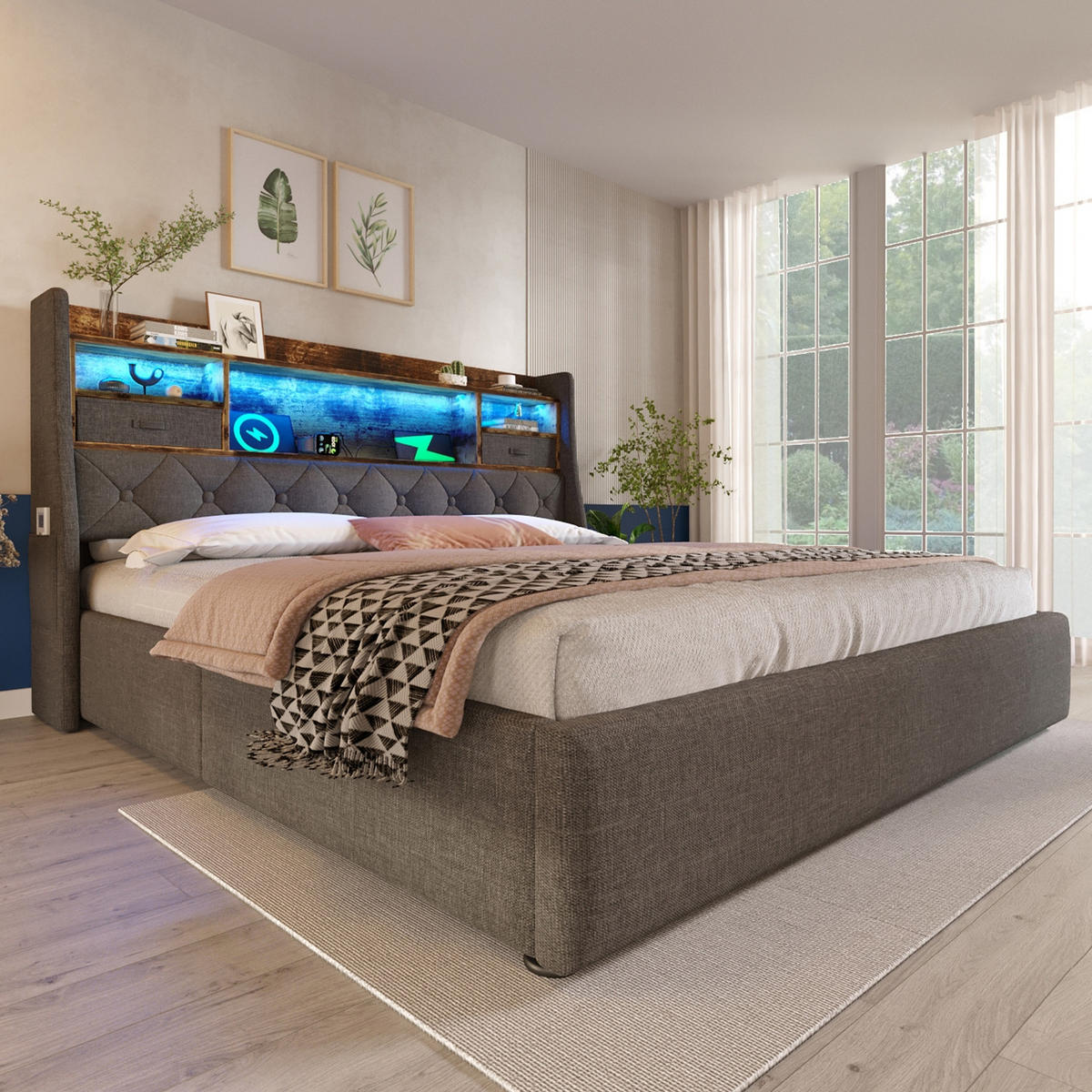 POLSTERBETT 140/190 cm Grau mit 2 Schubladen, LED-Beleuchtung und hydraulischer Stauraumfunktion - Grau, Textil (140/190cm) - Oxeza