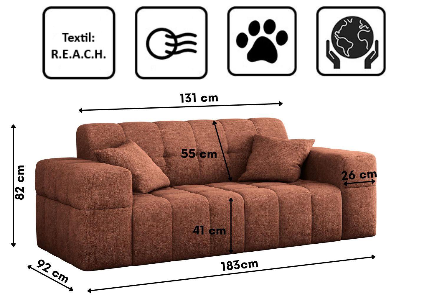 Thumbnail - Kaiser Möbel Sofa, Kupfer, Holz, nicht einzeln stellbar,Rechteckig, 183x82x92 cm, Reach, Wohnzimmer, Sofas & Couches, So...