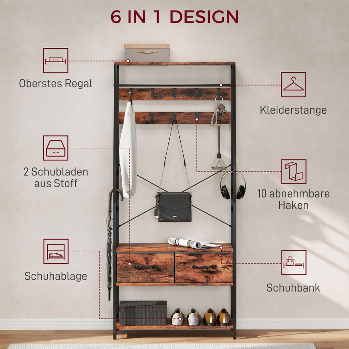 STANDGARDEROBE 80/30/180 cm mit 10 Haken, Schuhablage und Sitzbank - Braun, Holz (80/180/30cm) - BEAOK