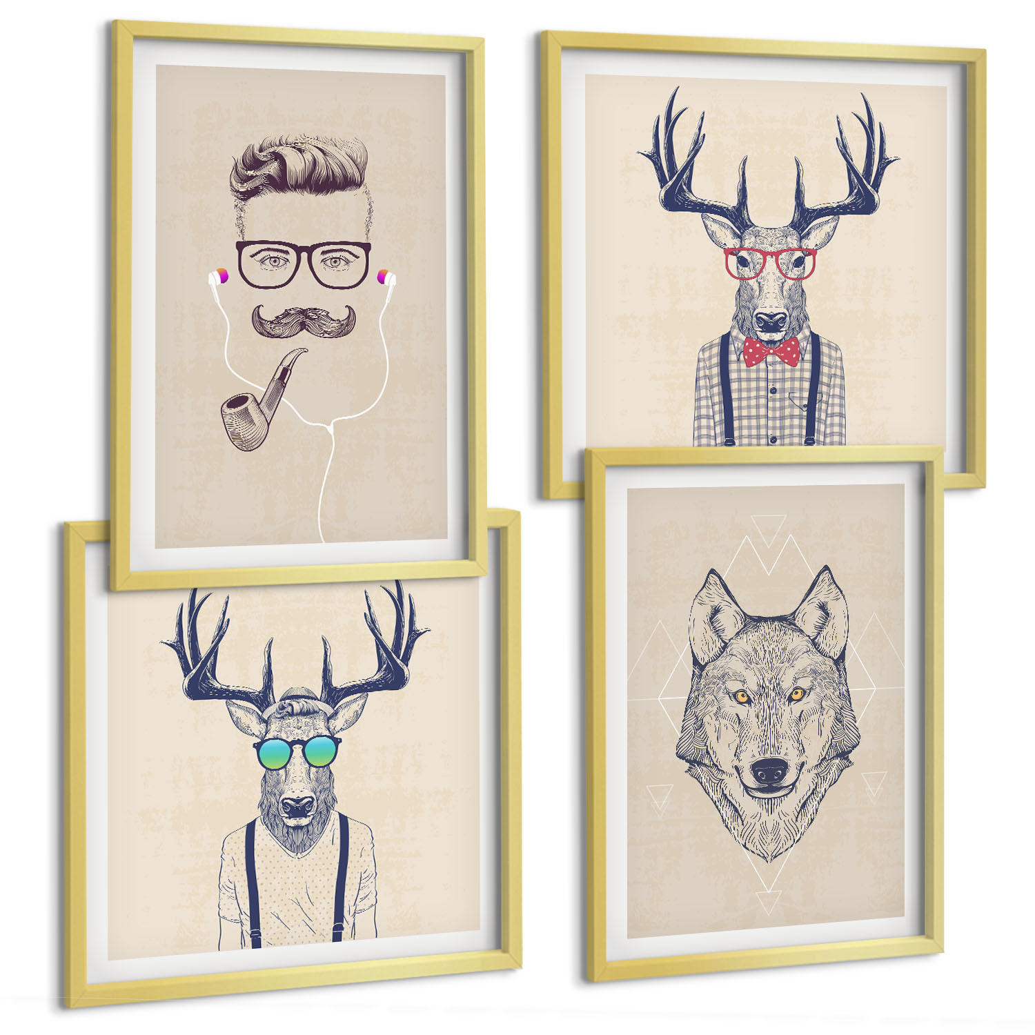 BILDER SET 4er Set - 50x50 cm & 40x60 cm Goldrahmen - Stilvolle Tierporträts - Goldfarben, Kunststoff (50/50cm) - TULUP