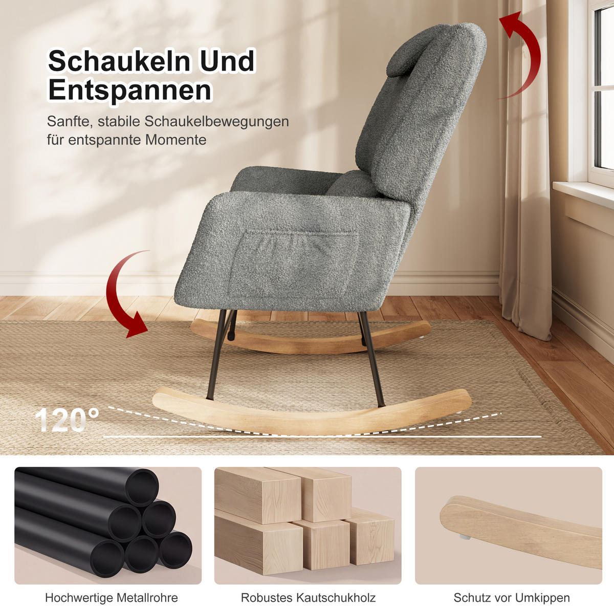 SCHAUKELSTUHL mit Hocker, Grau ,Lendenkissen, Kopfstütze, Seitentaschen und Massivholzsockel, Lammwolle Stoff-für Wohnzimmer, Schlafzimmer - Grau, Holz/Metall (75/42/93cm) - BursDany