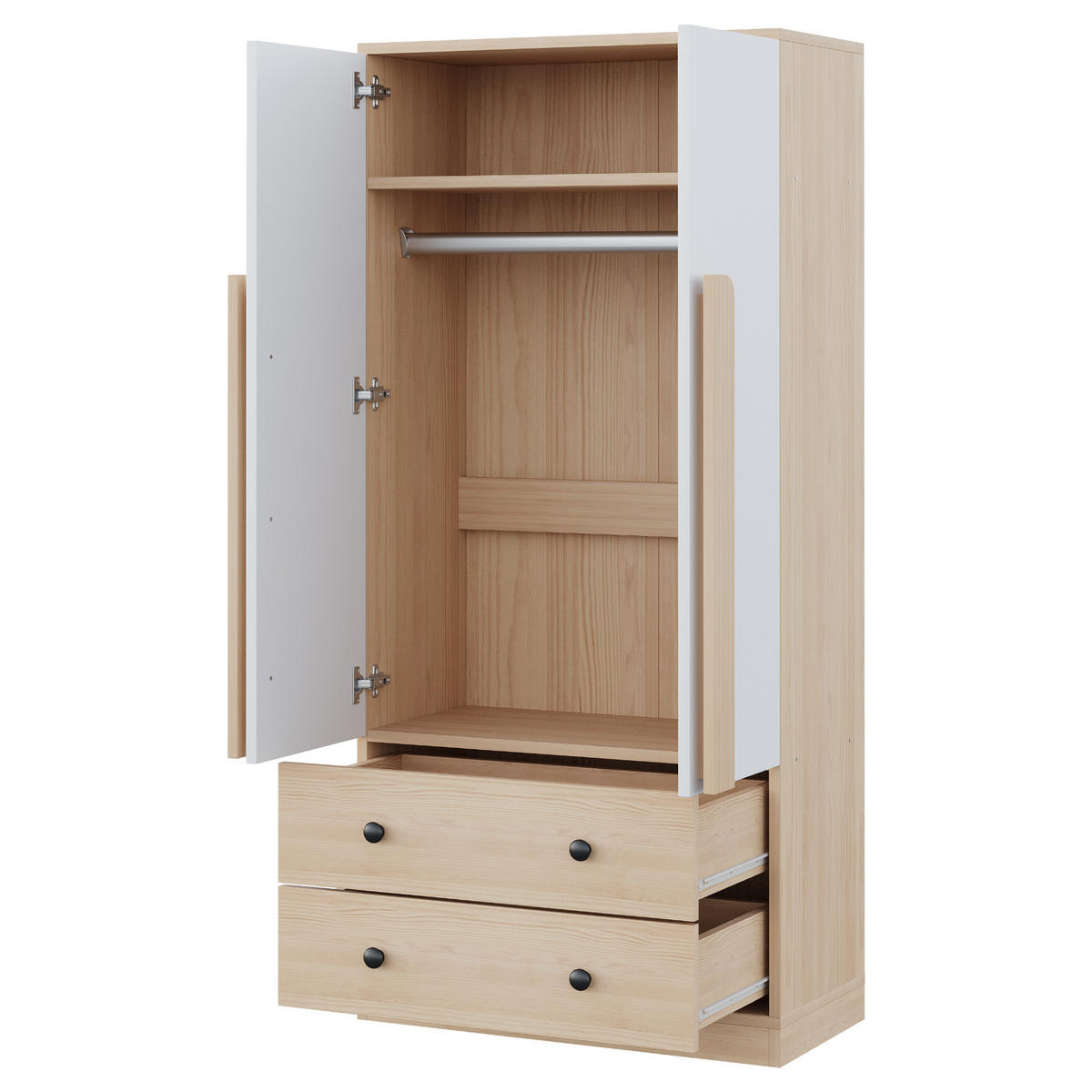 GARDEROBENSCHRANK mit Doppeltüren Schubladen Ablagefächern 70/40/170 cm - Naturfarben/Weiß, Holzwerkstoff/Metall (70/170/40cm) - EVRYAE