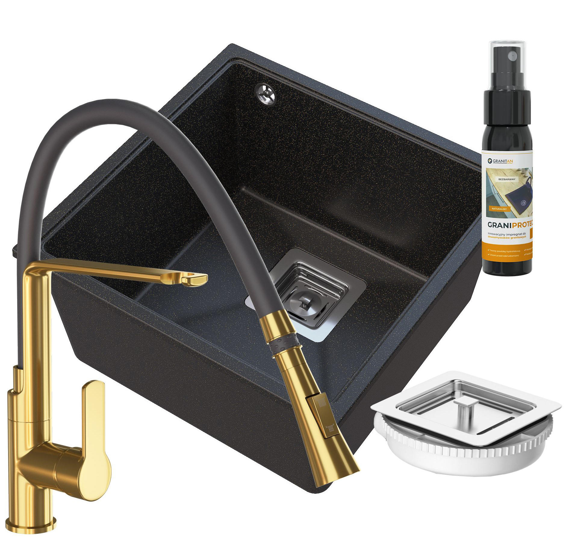 SPÜLBECKEN Napo Schwarz 3-tlg. 42 cm Unterbau Granit mit Armatur Gold - Schwarz, Stein (42/42/20cm) - Granitan