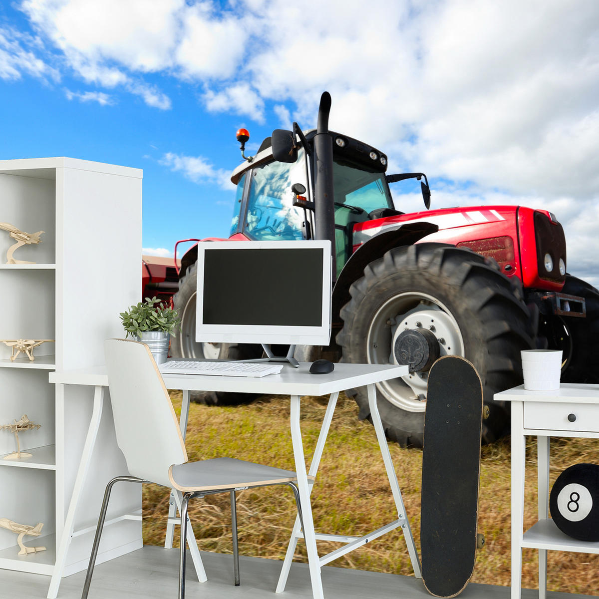 FOTOTAPETA Červený Traktor Pole Žatva Poľnohospodárstvo Rustikálna 300 x 210 cm - hnedá/žltá, papier (300/210cm) - Muralo