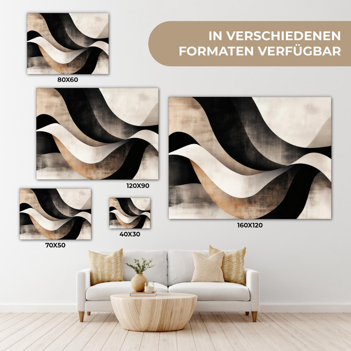 LEINWANDBILD Abstrakt - Wellen - Schwarz - Verwittert Wandbilder 80x60 cm - Trüffeleichefarben, Textil (80/60cm) - MuchoWow