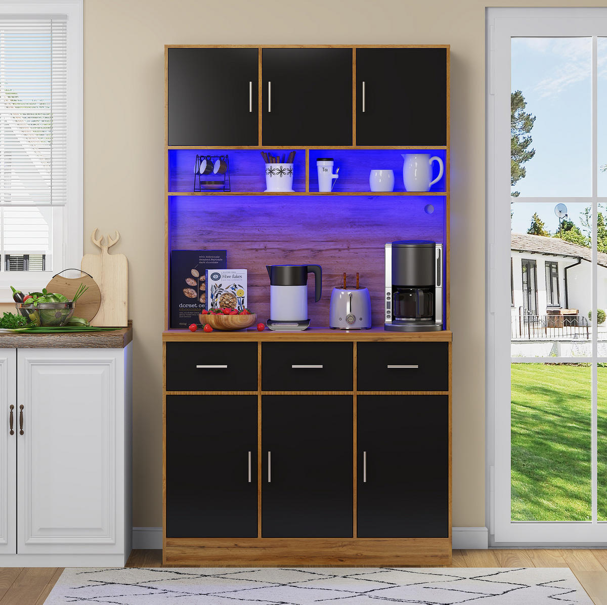KUHINJSKI ormarić od MDF-a 100x40x180 cm prirodna i crna s LED rasvjetom, utičnicom, USB priključcima i ladicama - prirodne boje, drvni materijal (100/180/40cm) - Modfu