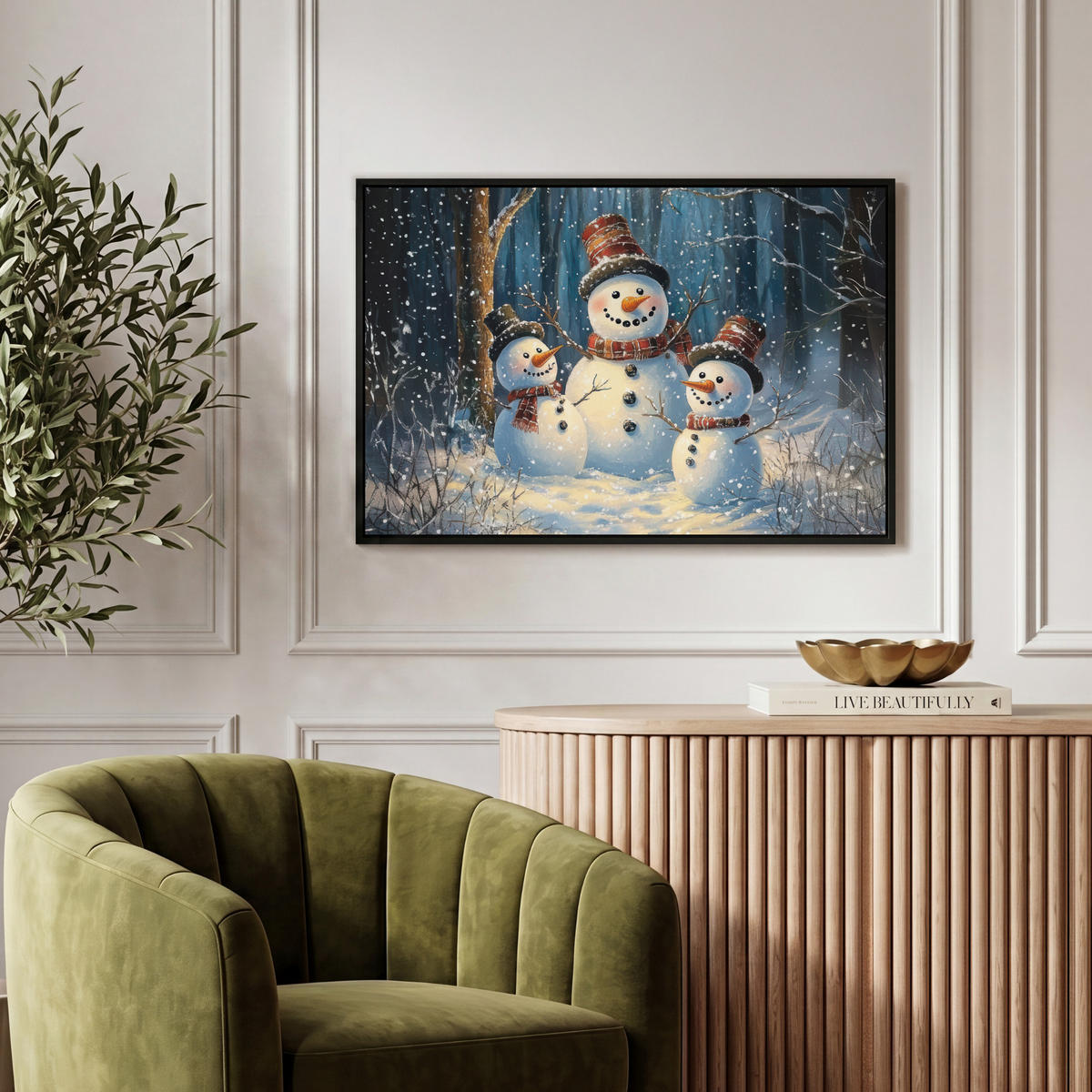 LEINWAND Bilder mit Rahmen - Schneemann - Schnee - Winter - Wald - 60x40 - Hellblau, Textil (60/40cm) - MuchoWow