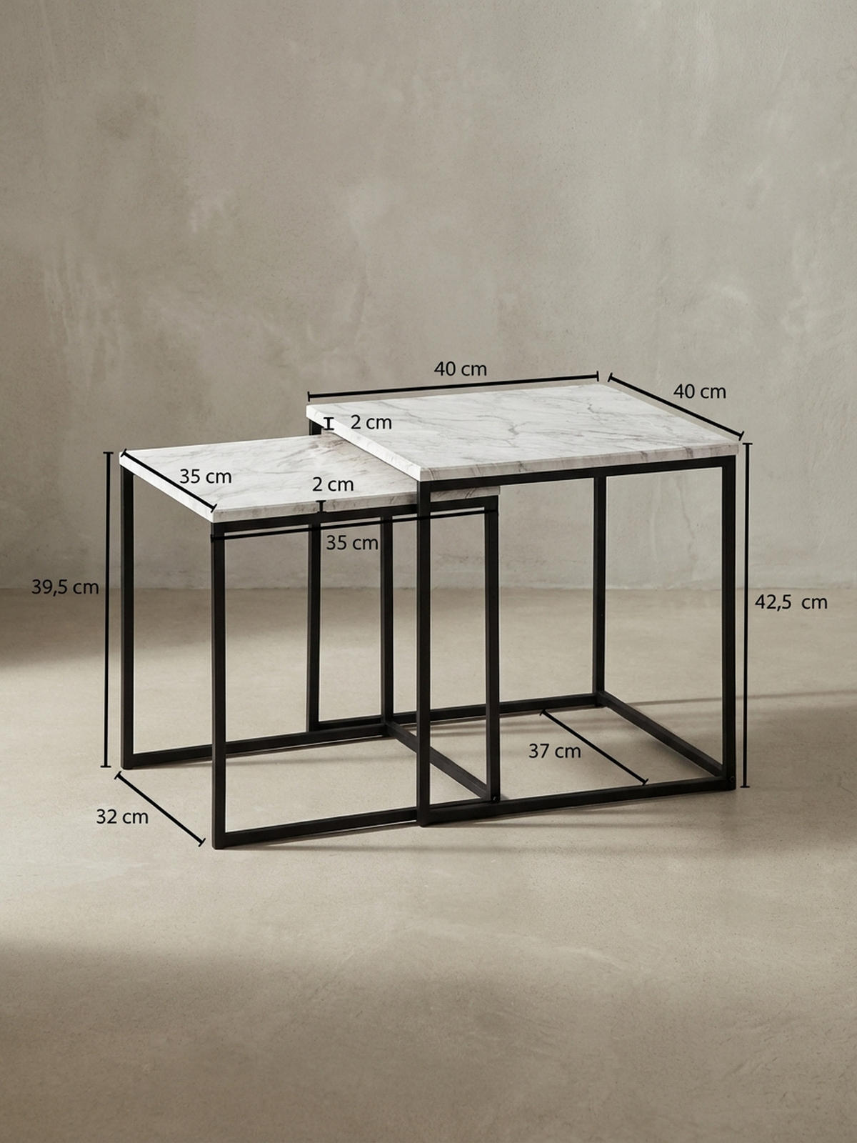 BEISTELLTISCH Set – 2-teilig Marmoroptik Metall 40x42,5x40 cm 35x39,5x35 cm - Schwarz/Weiß, Holz/Metall (40/40/42cm) - KADIMA DESIGN