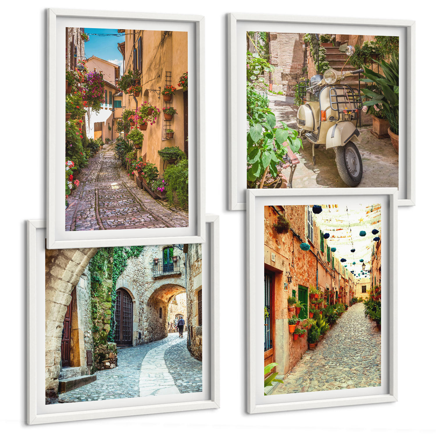 BILDER SET 4er Set - 50x50 cm & 40x60 cm Weißer Rahmen - Charmante italienische Straßen und Blumen - Weiß, Kunststoff (50/50cm) - TULUP