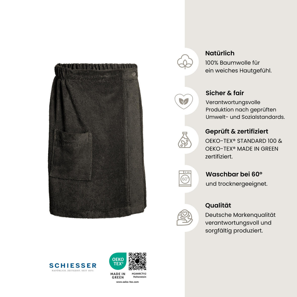 SAUNAKILT Turin Herren - 46-54 - Dunkelgrau - Dunkelgrau, Textil (55/150cm) - SCHIESSER