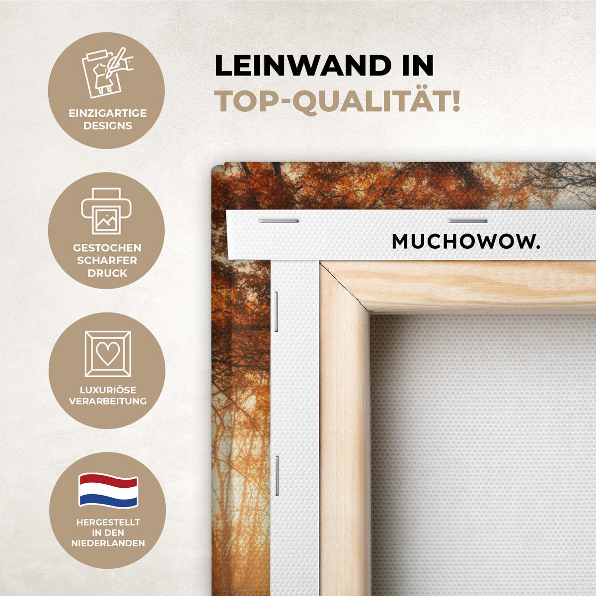 LEINWANDBILD Wald - Herbst - Bäume - Waldweg - Natur Wandbild 40x30 cm - Bernsteinfarben, Textil (40/30cm) - MuchoWow
