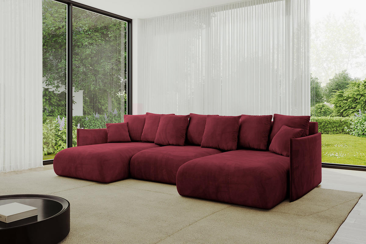 WOHNLANDSCHAFT mit Schlaffunktion und Bettkasten ONESK-U 317x177x72 Bordeauxrot Velours - Bordeaux, Holzwerkstoff/Kunststoff (317/72/177cm) - ALTDECOR