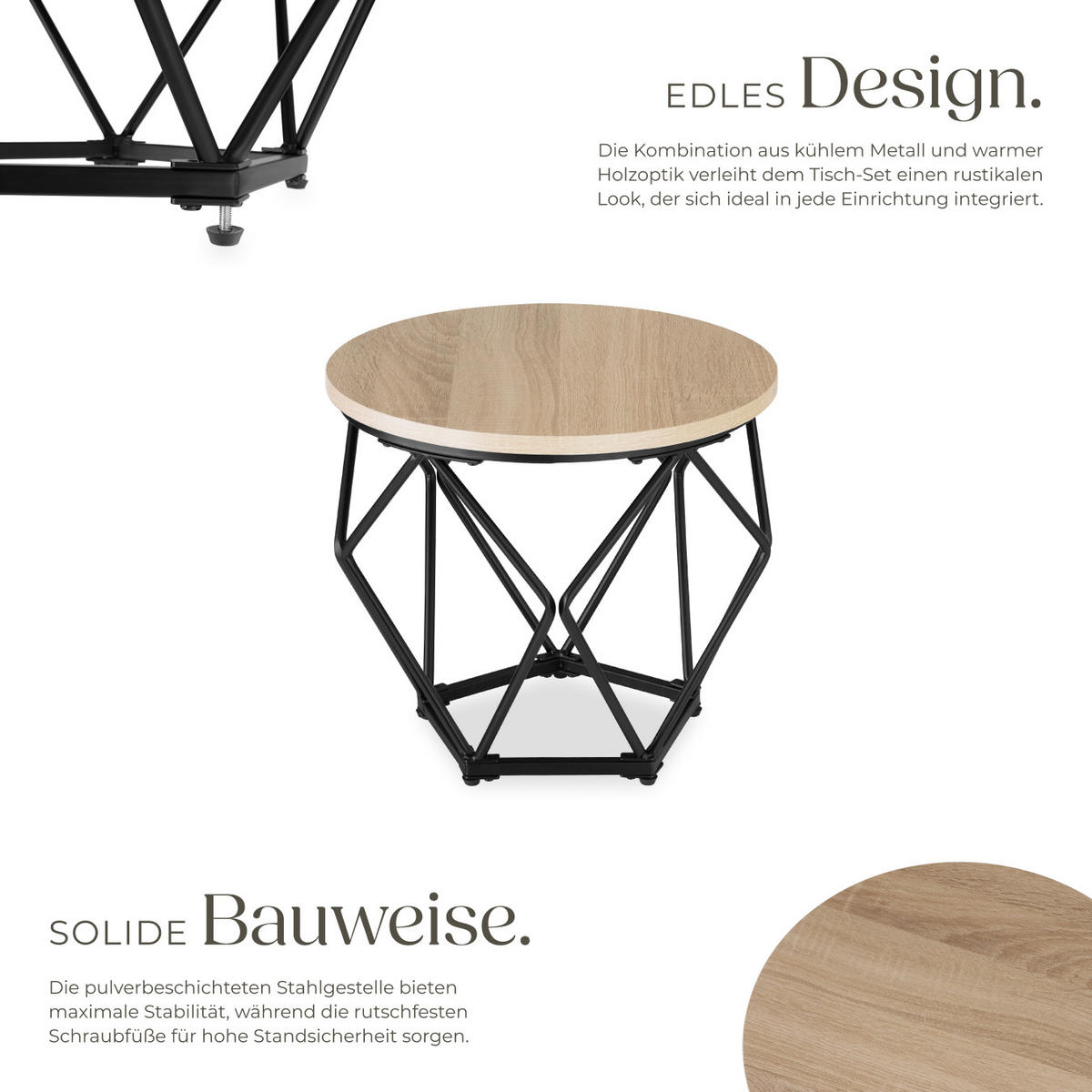 COUCHTISCH 2er Set Benham, mit höhenverstellbaren Kunststofffüßen, Industrial Holz hell, Eiche Sonoma - Naturfarben, Holzwerkstoff (50/50/40cm) - tectake