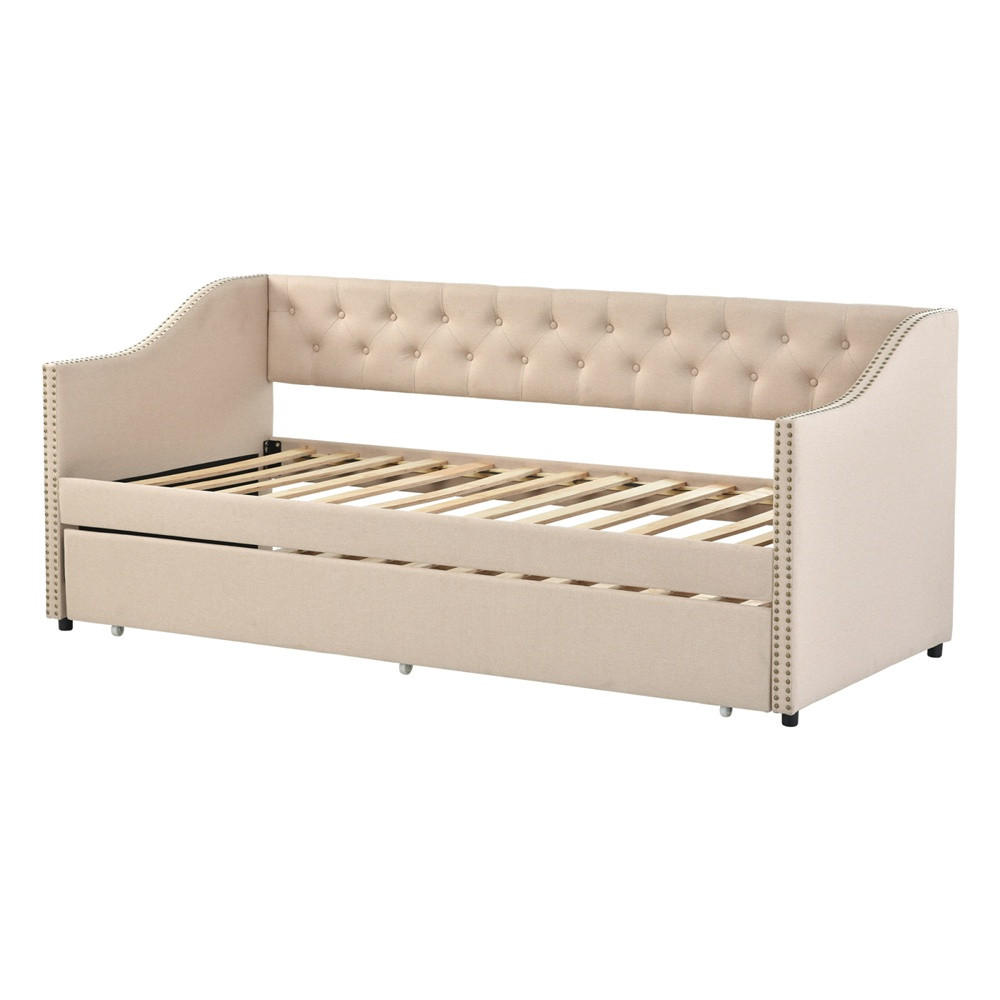 POLSTERBETT 90x200 cm mit Rückenlehne - mit Ausziehbett und Armlehnen - ohne Matratze - Beige - Beige, Textil (90/200cm) - DELFA