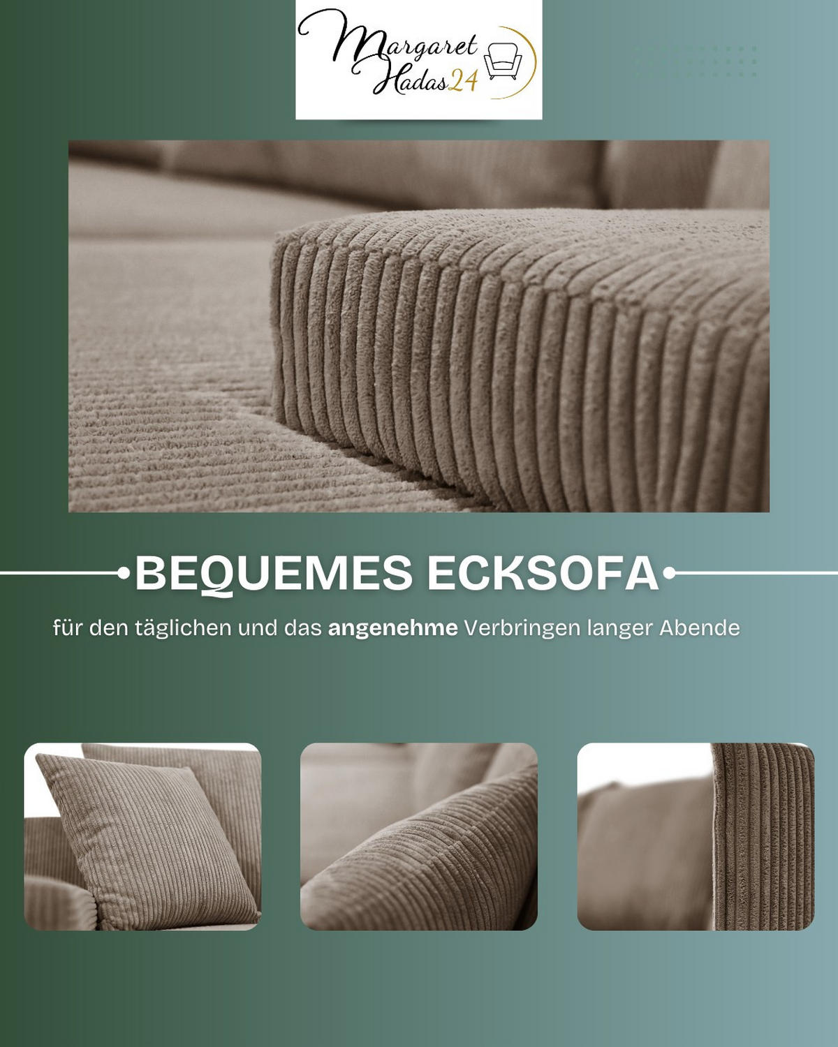 ECKSOFA Lauren L- Form 246 x 188 cm, 4 Sitzer, Bettzeugablage, Sofa, Eckcouch, Cord, links Seite, hellbraun - Hellbraun, Kunststoff (188/246cm) - Margaret Hadas24