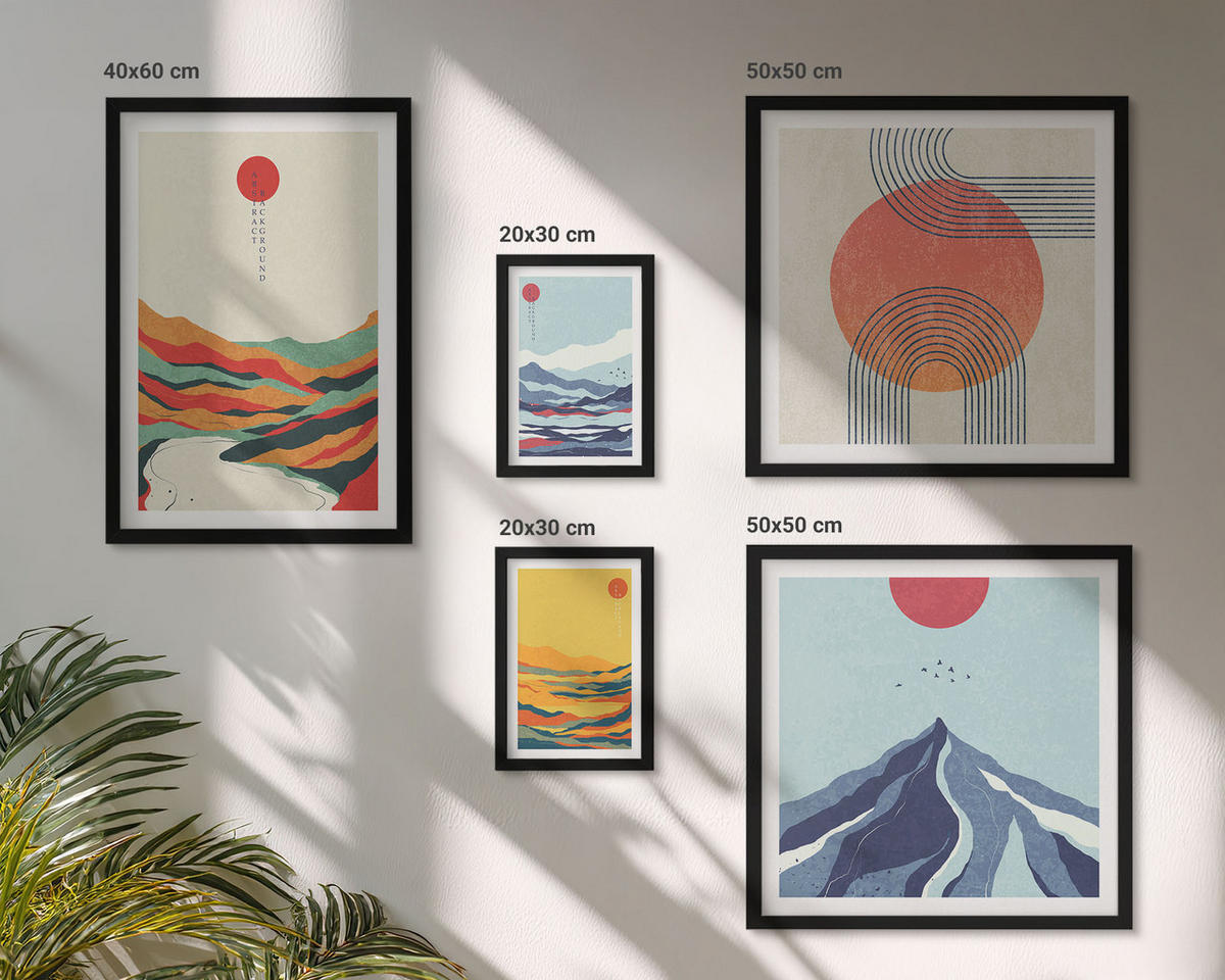WANDBILDER 5er-Set - 50x50 cm & 20x30 cm & 40x60 cm Schwarzer Rahmen - Pastellfarbene Berge im Japandi-Stil - Schwarz, Kunststoff (40/60cm) - ArtPrintCave
