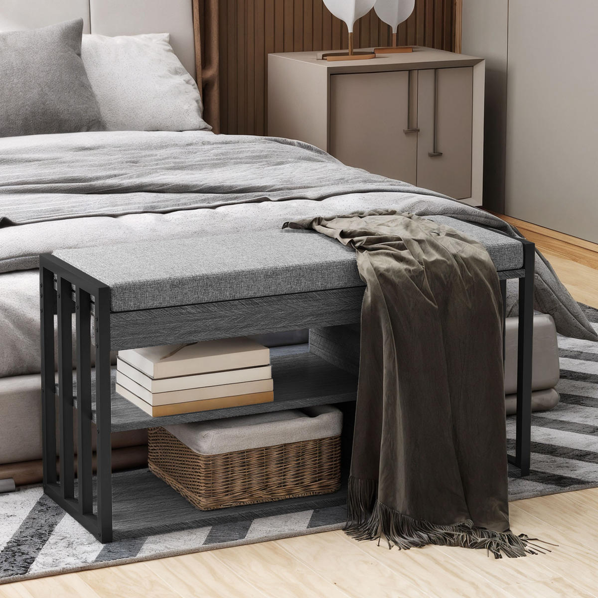 SCHUHBANK Schuhregal mit Sitzfläche gepolstert Sitzbank mit Stauraum, 3 Fächer - Grau, Holzwerkstoff/Textil (30/45.4/86cm) - HOMCOM