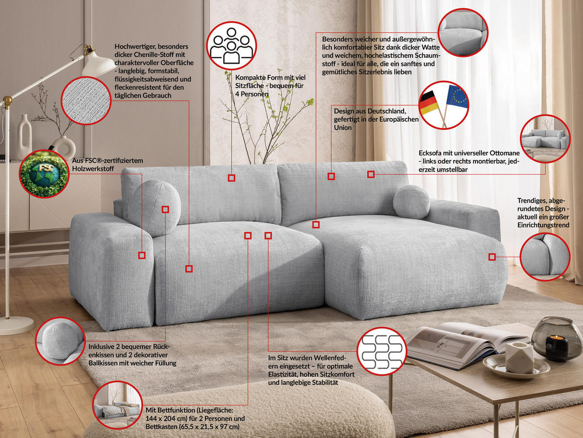 ECKSOFA Puffy mit Schlaffunktion und Bettkasten - besonders weich und puffig aus Hellgrau Chenille-Stoff - Ottomane rechts - Hellgrau/Schwarz, Holz/Kunststoff (266/138cm) - S-Style Möbel