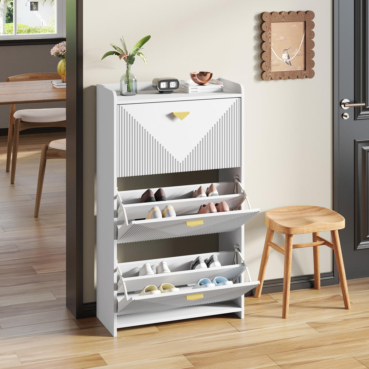 SCHUHSCHRANK in Weiß Schuhkommode mit 3 Klapptüren & 6 Schuhfächern, MDF, Vakuumformdesign, B70/T30/H120cm - Weiß, Holzwerkstoff (70/120/30cm) - STILVORA