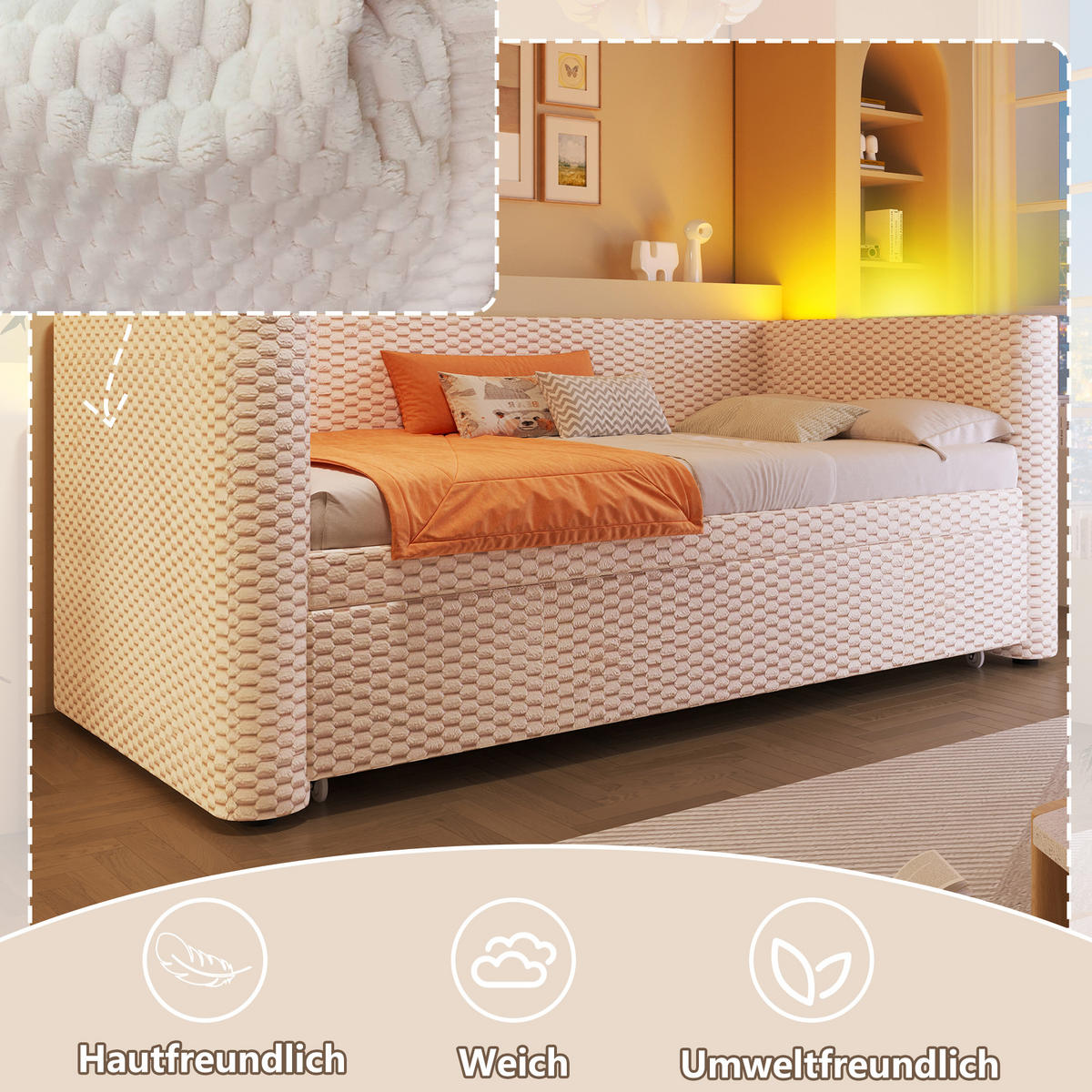 AUSZIEHBETT 90/200 cm Beige mit LED-Beleuchtung aus Samt klappbar zum Doppelbett 180/200 cm - Beige, Textil (90/200cm) - OKWISH