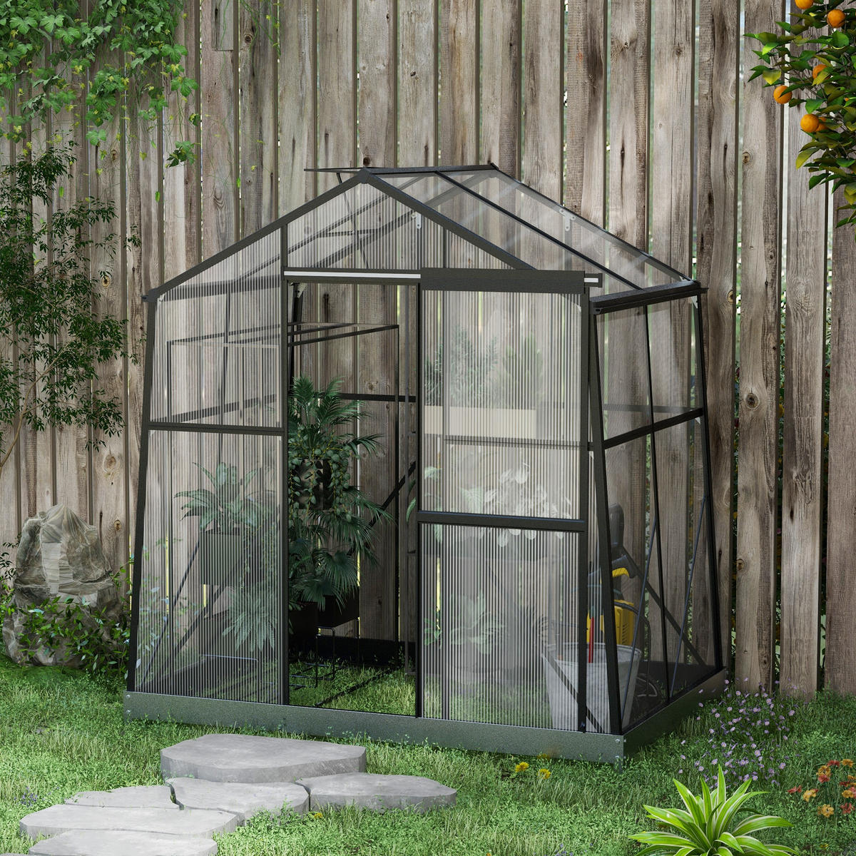 ALU-GEWÄCHSHAUS, mit Fenster, Schiebetür, Fundament, für Garten, Balkon, Schwarz - Schwarz, Kunststoff/Metall (131/203/192cm) - Outsunny