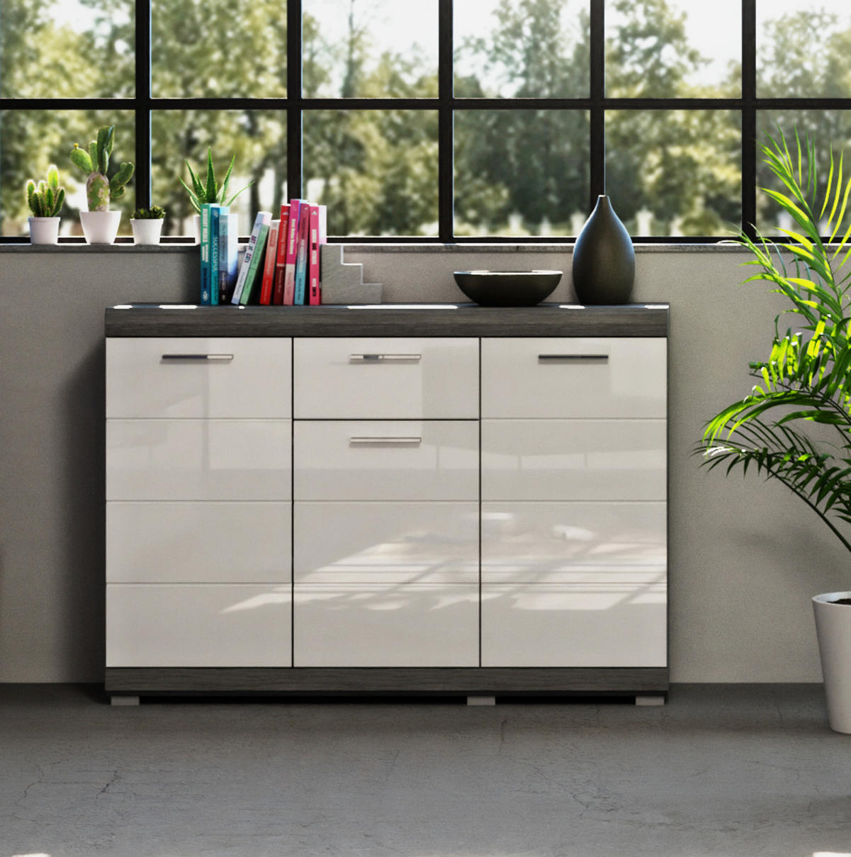 SIDEBOARD weiß Hochglanz, Rauchsilber grau 120 cm, Kommode mit 8 Fächern - Weiß Hochglanz/Silberfarben, Holzwerkstoff/Kunststoff (120/85/37cm) - Inn.Furn