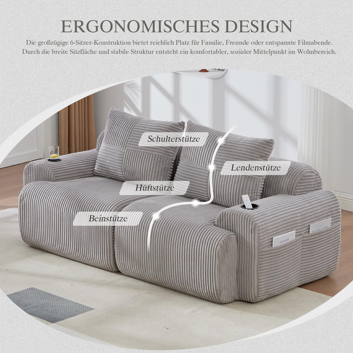 2-SITZER Sofa Cordstoff mit Getränkehalter und Seitentasche 200/99/80 cm Hellgrau - Hellgrau, Textil (99/80/200cm) - Redom