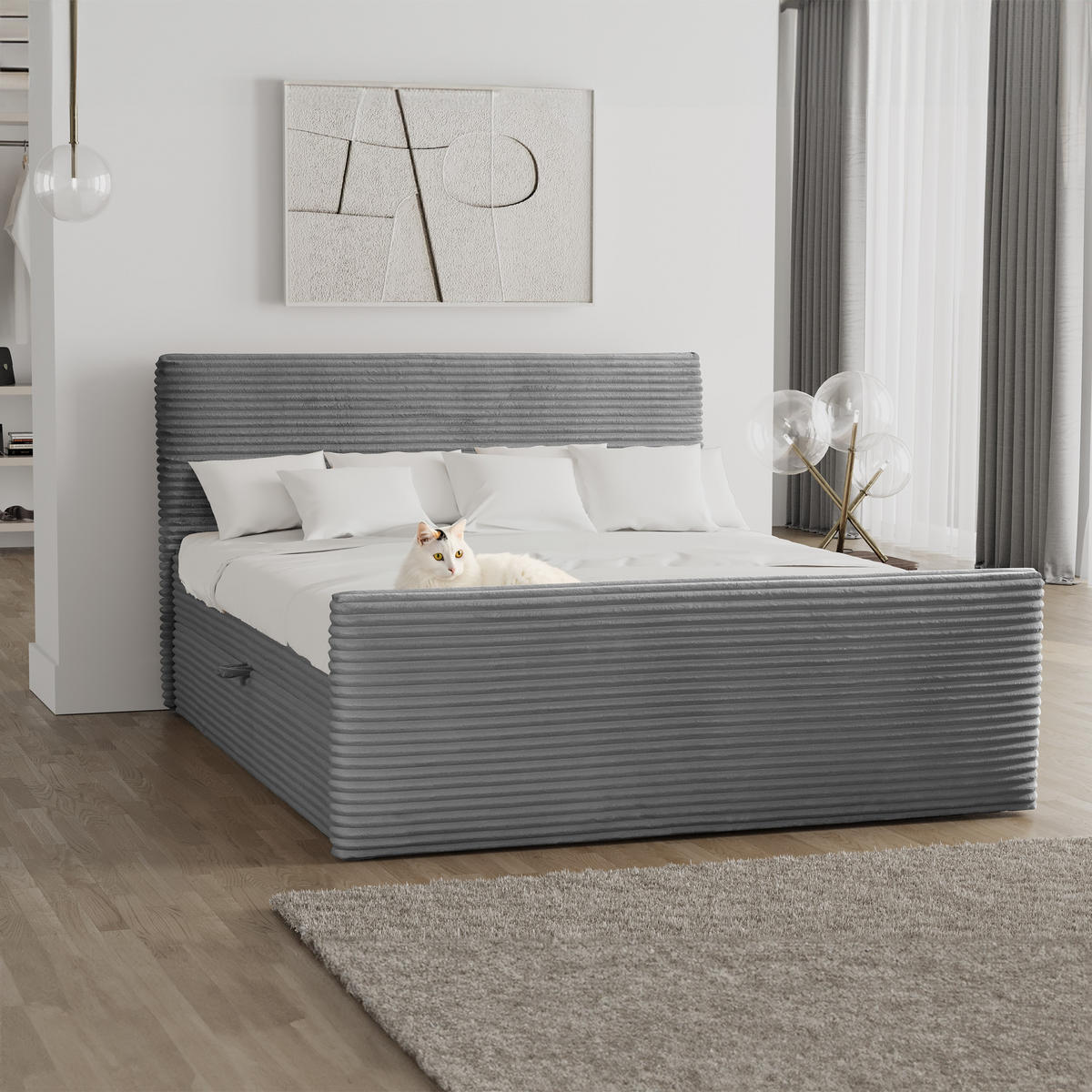 BOXBETT Mit Bettkasten Und Topper TRENTO Stoff Plüsch Cord 140x200 cm Grau H2-Pocket - Grau, Holz/Textil (140/200cm) - Kaiser Möbel