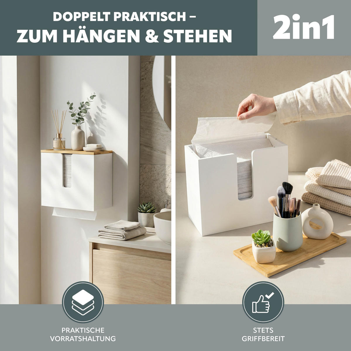 PAPIERHANDTUCHSPENDER mit Bambus-Einsatz - Weiß, Naturmaterialien (29/25/15cm) - eluno